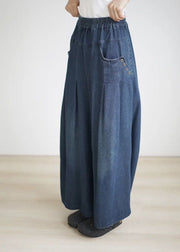 2024 Spring Summer Blue Elastic Waist Wrinkled Wide Leg Pants