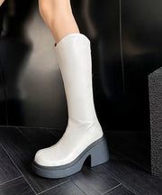 2024 Stylish Versatile Zippered Chunky Boots Beige Cowhide Leather