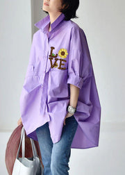 Purple polka dots Peter Pan Collar Low High Design Cotton Shirt Long Sleeve