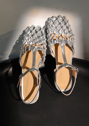 New French Hollow Out Buckle Strap Silver Sandals