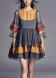 Stylish Grey O Neck Ruffled Patchwork Chiffon Dresses Summer