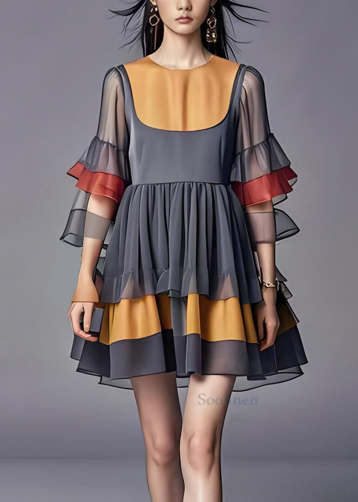 Stylish Grey O Neck Ruffled Patchwork Chiffon Dresses Summer