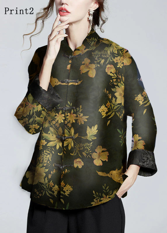 Chinese Style Print3 Stand Collar Button Print Silk Coats Long Sleeve