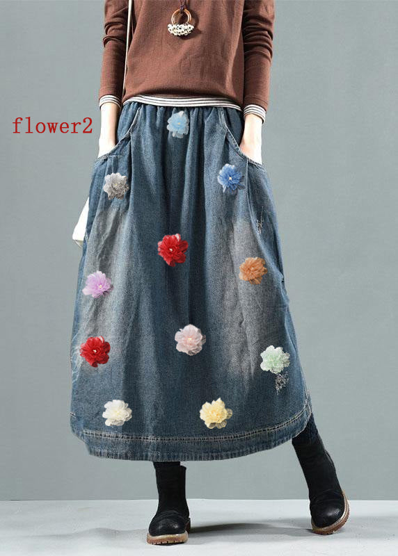 Blue-green flower Pockets Retro Patchwork Summer Skirts Denim