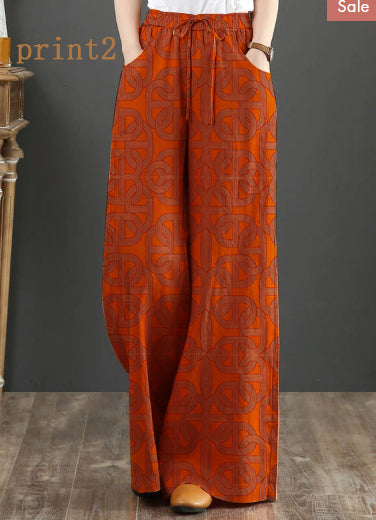 Orange-print2 Elastic Waist Linen Straight Pants Solid Color Drawstring Summer