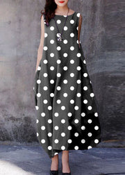 Bohemian Grey polka dots O-Neck Exra Large Hem Cotton Dresses Sleeveless