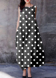 Bohemian Black polka dots O-Neck Exra Large Hem Cotton Dresses Sleeveless