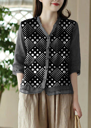 Casual Black polka dots V Neck Embroidered Solid Ramie Shirt Half Sleeve