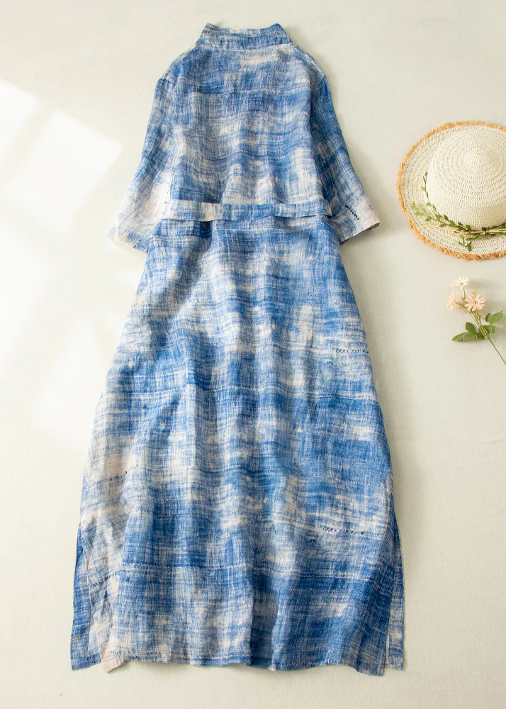 Grace Blue Tie Dye Side Open Tie Waist Linen Long Dresses Summer