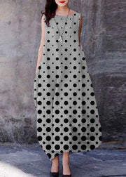 Bohemian Grey polka dots O-Neck Exra Large Hem Cotton Dresses Sleeveless