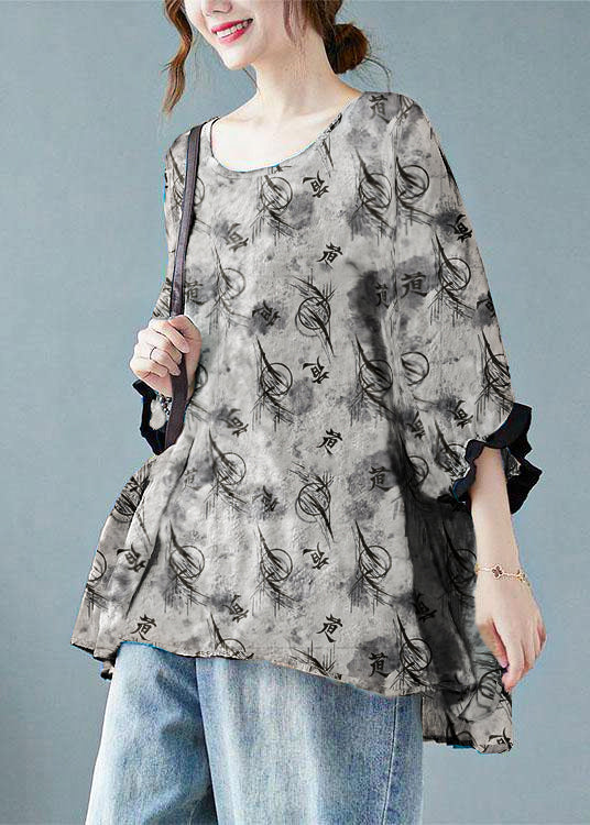 Loose Gray-polka dots  Batwing Sleeve Cotton Linen Tee