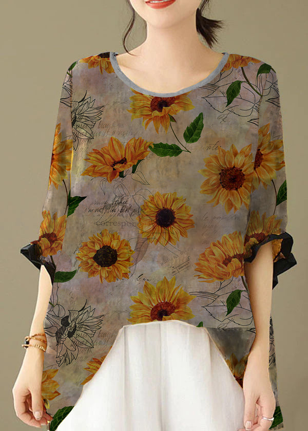 Grey-sunflower Print Patchwork Cotton Loose Tops O Neck Summer