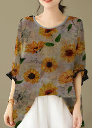 Purple flower Print Patchwork Cotton Loose Tops O Neck Summer