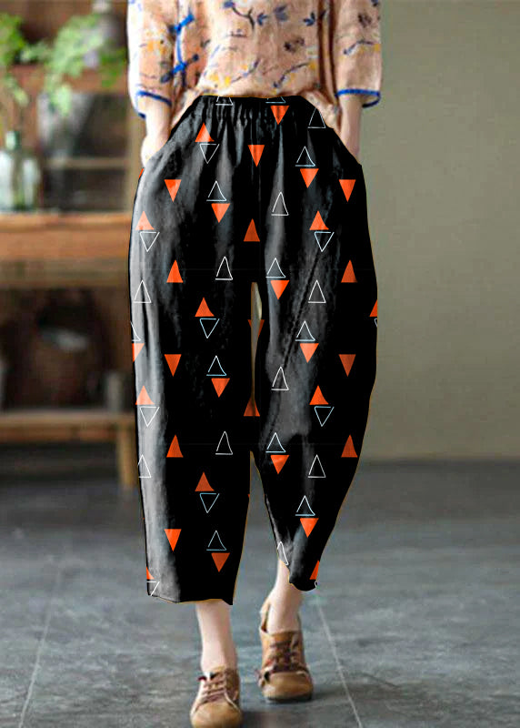 Natural Black print Elastic Waist Summer Linen Harem Pants