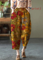 Natural Brown-brown flower Elastic Waist Summer Linen Harem Pants