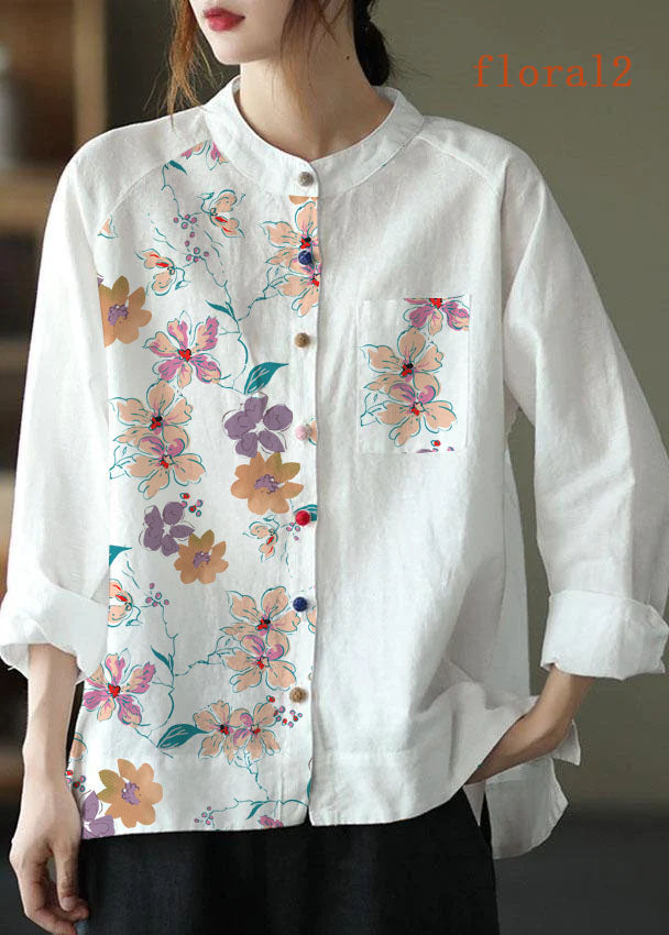 Modern White-floral3 Loose Patchwork Pockets Fall Long Sleeve Blouse Top