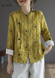 Women Yellow-floral3 Elegant Button Fall Top Long Sleeve Linen