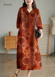 Print2 Loose Linen Long Dresses Button Solid Half Sleeve