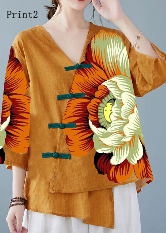 Yellow-Print5 Button Shirt Tops Asymmetrical Half Sleeve