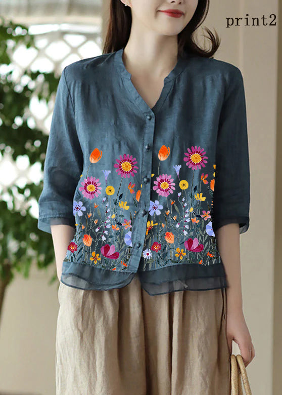 Casual Blue-print2 V Neck Embroidered Solid Ramie Shirt Half Sleeve