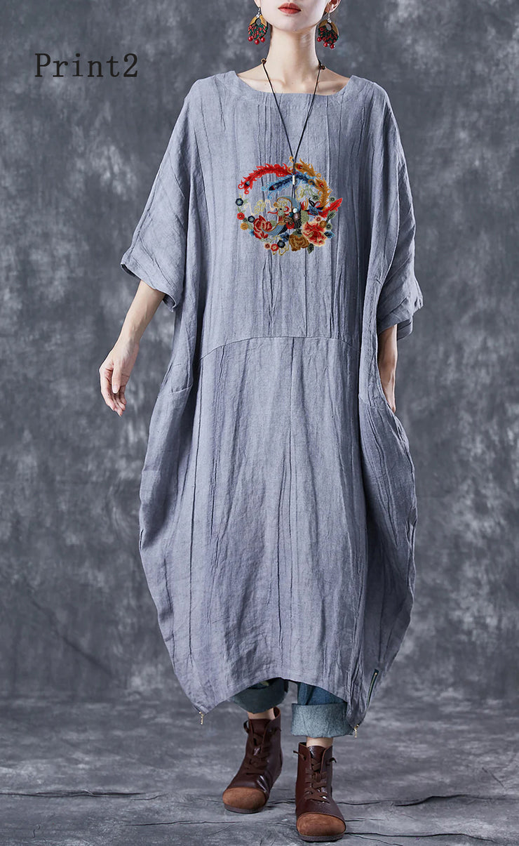 French Grey Oversized Patchwork Linen Dresses Batwing Sleeve