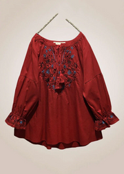 Grace Red Embroidered Lace Up Cotton Shirt Long Sleeve