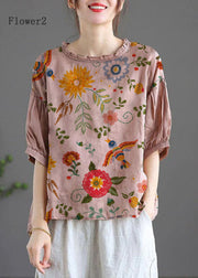 Modern Pink-Flower2 Regular Embroideried Summer Floral Half Sleeve