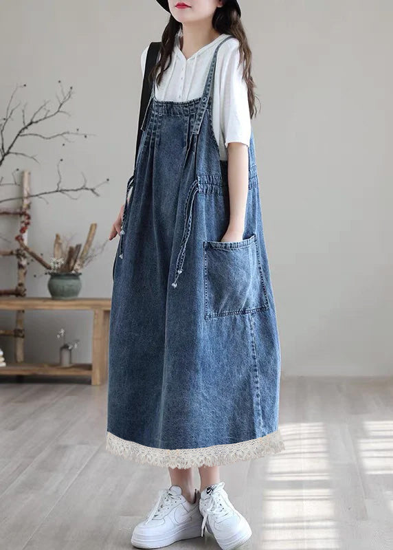 Plus Size Blue-lace drawstring pocket Spaghetti Strap Cotton denim Dress Spring