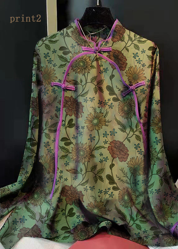 Elegant Green-Print3 Stand Collar Patchwork Jacquard side open Silk Shirts Long Sleeved