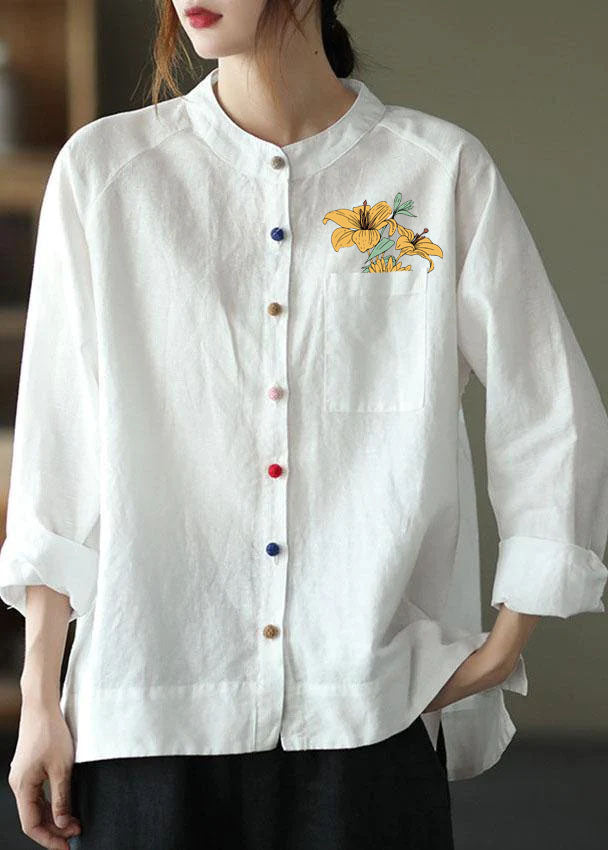 Modern White-cashew pattern Loose Patchwork Pockets Fall Long Sleeve Blouse Top