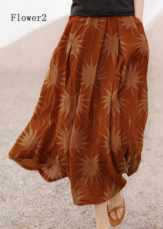 Retro Chocolate-Flower2 Print Pockets Linen Skirt Summer