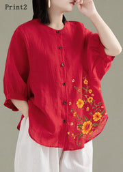 Art Red-print1 O-Neck Button Linen Loose Shirt Top Lantern Sleeve