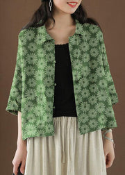 Beautiful Green Peter Pan Collar Pockets Summer Linen top