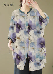 Print1 Linen Shirt Dresses O-Neck Oversized Lantern Sleeve