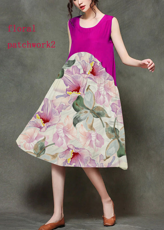 Casual floral patchwork2 O-Neck Wrinkled Long Dresses Sleeveless