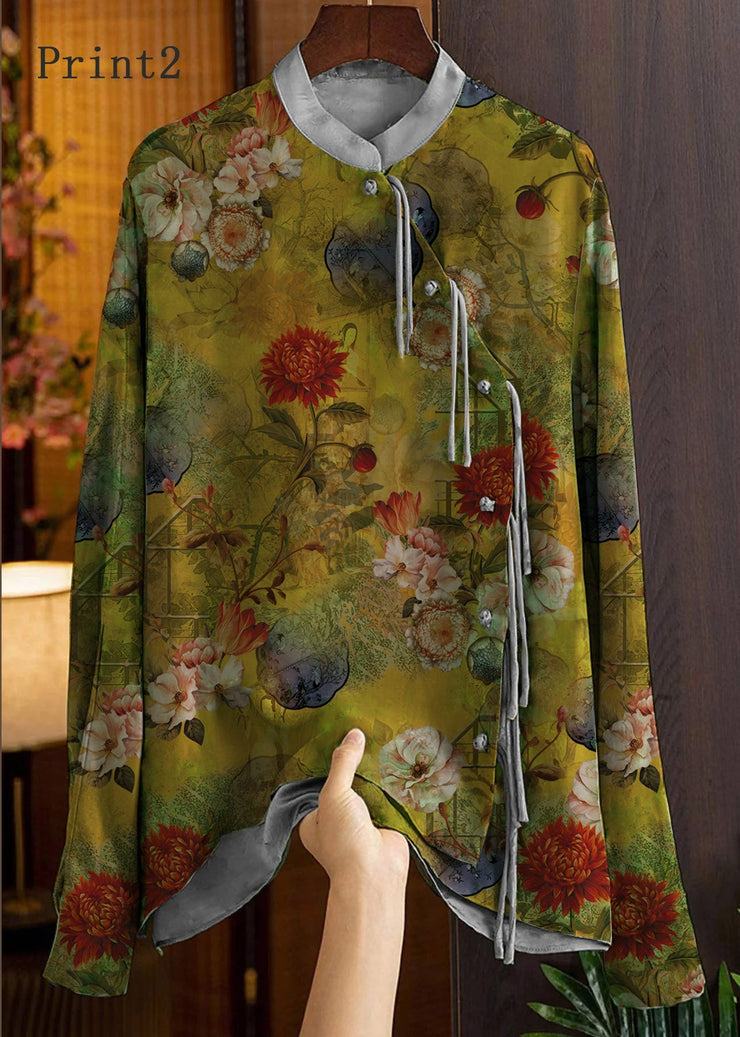 Beautiful Green Mandarin Collar Button Print Silk Shirt Top Spring