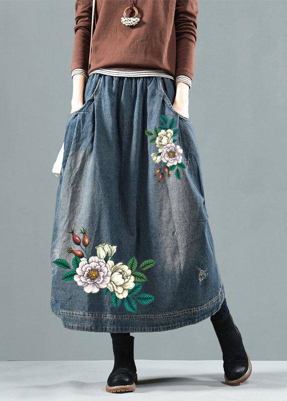 Blue-Colorful flowers Pockets Retro Patchwork Summer Skirts Denim