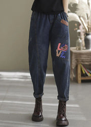 Natural blue-blue love elastic waist Pockets denim Pants Spring