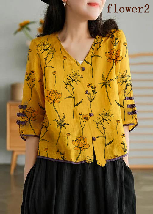 Women Yellow Casual Ramie Cardigan Embroidered Shirt