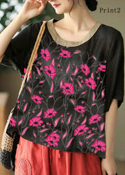 Organic Black Embroidered Low High Design Linen Tanks Short Sleeve