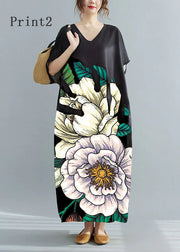 Loose Black-print2 V Neck Oversized Leaf Print Chiffon Long Dress Short Sleeve