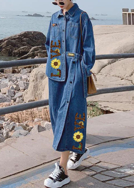 Loose Blue-blue dot Pockets Button asymmetrical design Fall Denim Long sleeve Long Dress