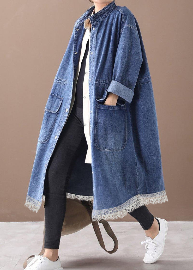 French denim blue Plus Size box coat Shape stand collar drawstring coat