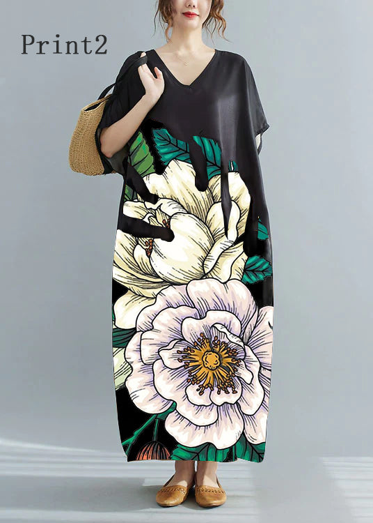 Loose Black V Neck Oversized Leaf Print Chiffon Long Dress Short Sleeve