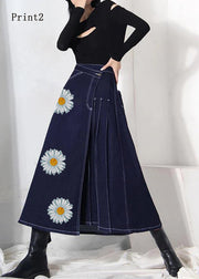 Boho denim blue-print2 zippered asymmetrical design Summer Skirt