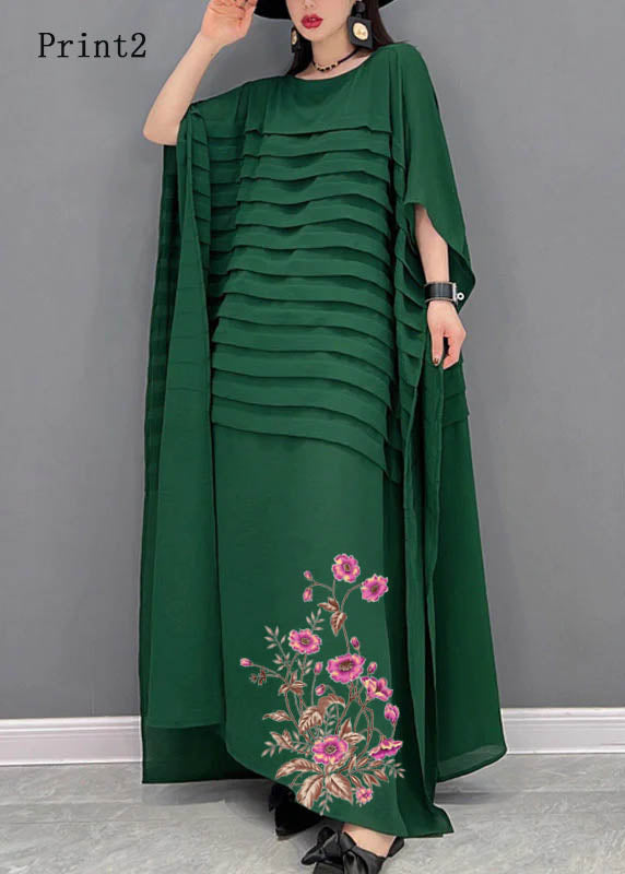 Bohemian Green-print2  O-Neck Striped Chiffon Ankle Dress Batwing Sleeve