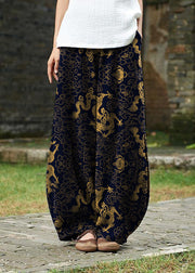 2024 cotton and linen women's Chinese style ramie wild pants yoga Navy blue-dragon pants