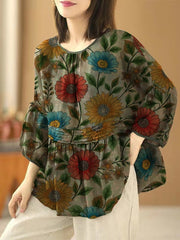 Handmade orange-flower O Neck Print Wrinkled Patchwork Cotton Top Summer