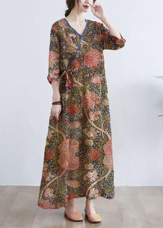 Simple  orange  Print V Neck Floral Summer Tie Waist Long Dresses Half Sleeve