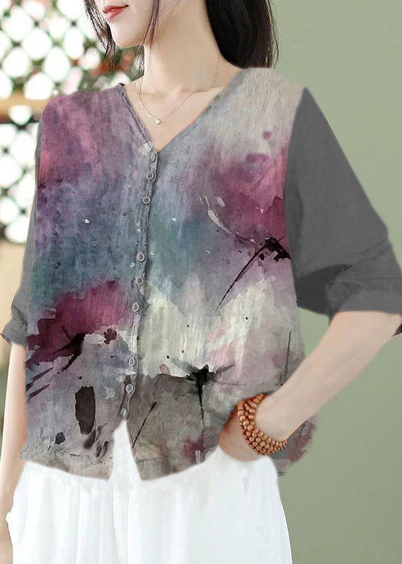 Bohemian color Print Slim Fit Linen Shirt Top Half Sleeve